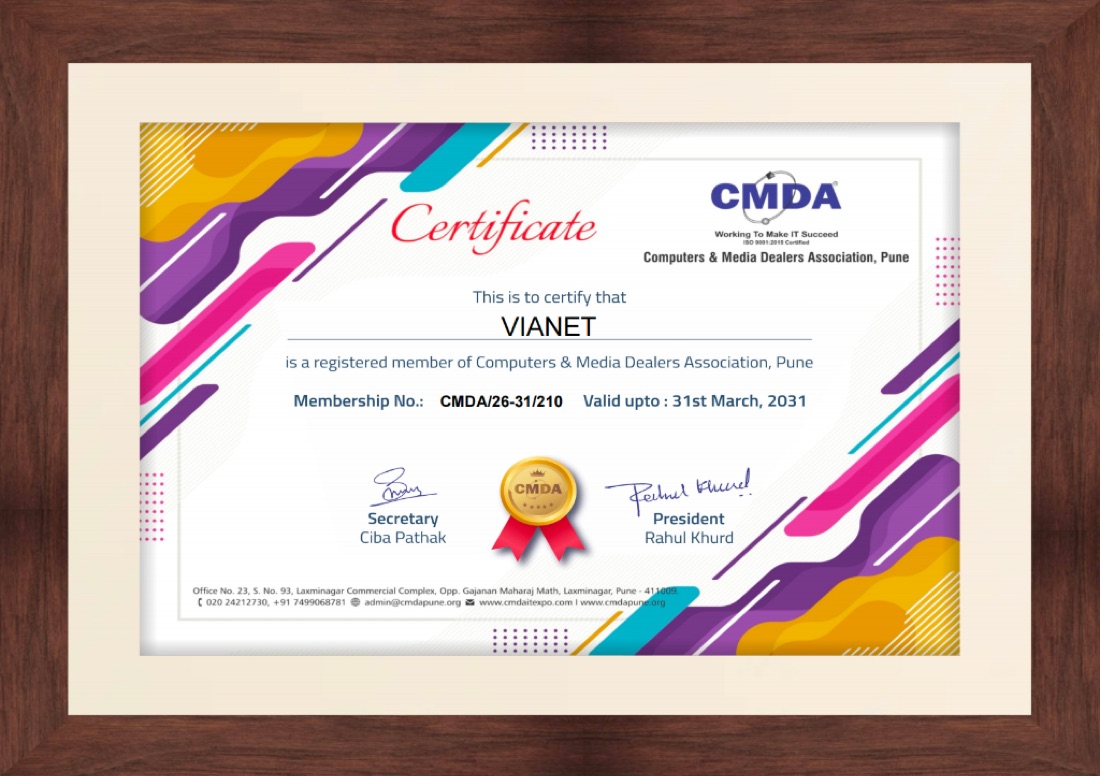 CMDA Member Certificate – Computer & Media Dealers Association Pune – VIANET